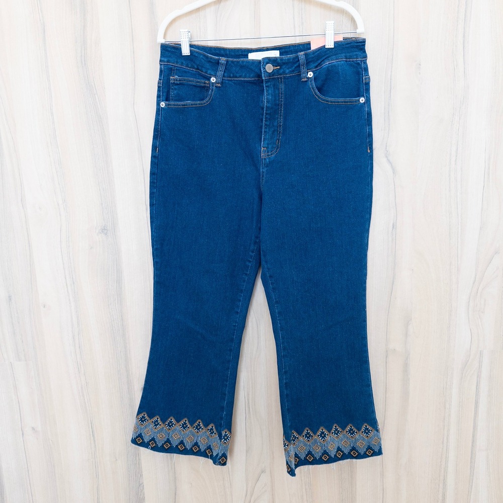 Womens High Rise Embroidered Crop‎ Flare Jeans Size 12 Medium Wash Boho Western